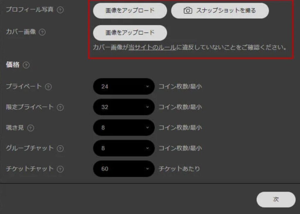 Stripchatキャスト登録画像アップロード画面