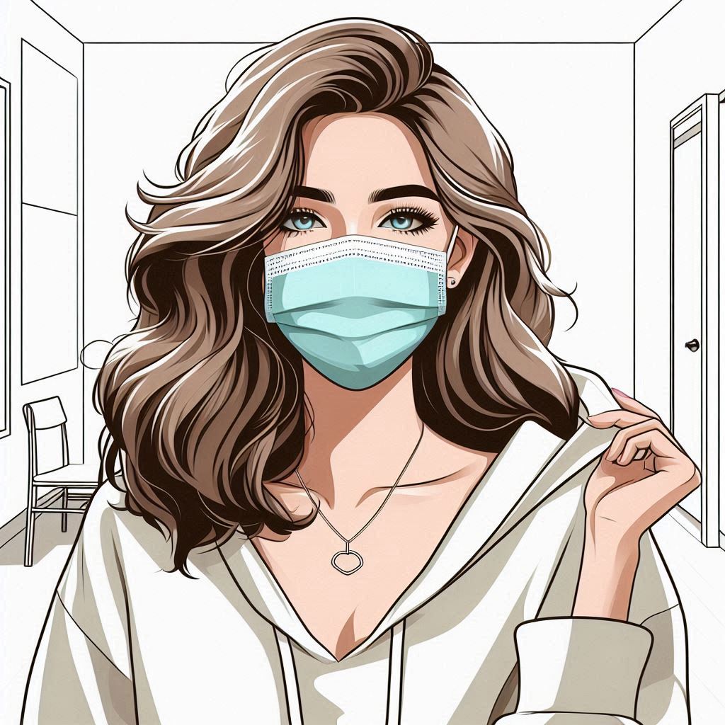 マスクで顔を隠し、身バレ対策してチャットする女性